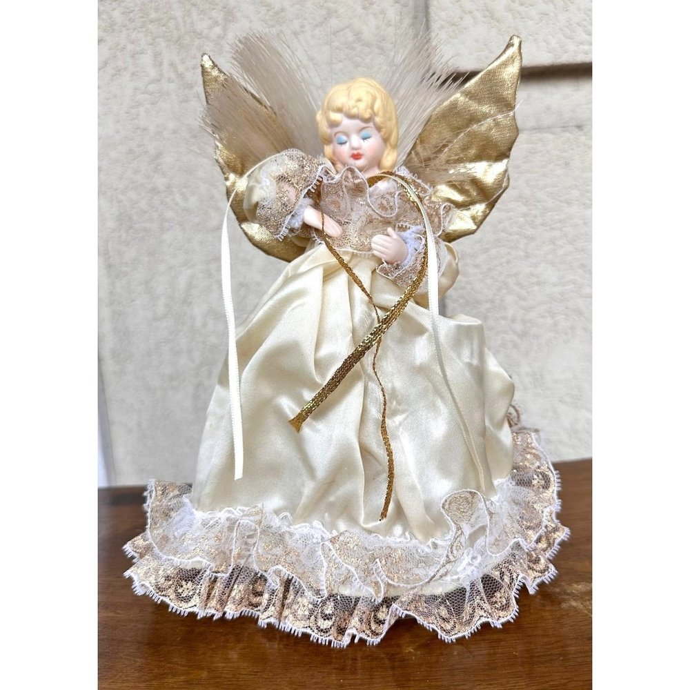 VTG Angel Christmas Tree Topper Blonde Cone Gold Lace Accents Wings Gown READ